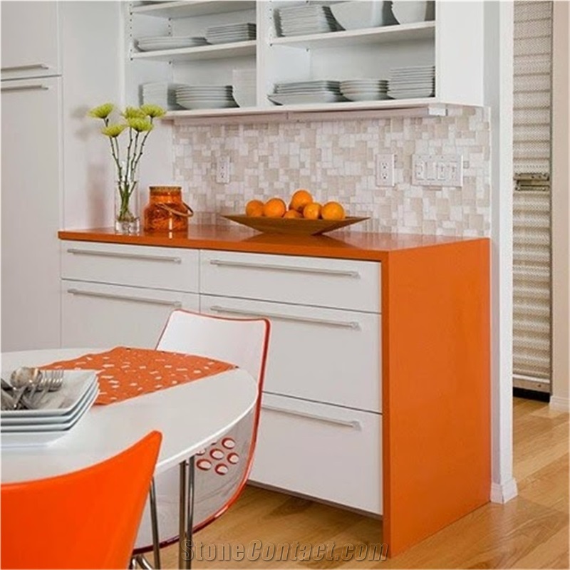 Cut to Size Quartz for Multifamily/Hospitality Projects Mainly for Bathroom Vanity Top Kitchen Countertop in Bright Orange Surface Standard Slab Sizes 3000*1400mm and 3200*1600mm
