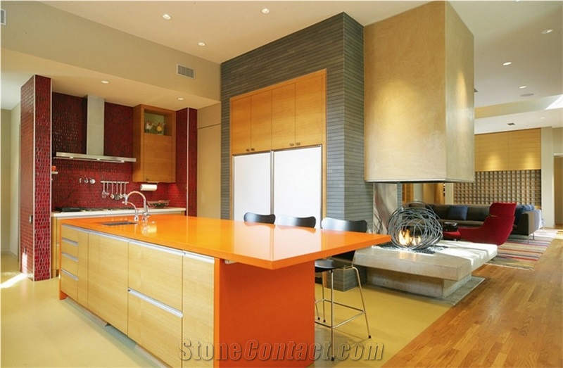 Multifamily&Hotel Quartz for Cut to Size Project in Bright Orange Like Counter Top,Tabletop,Floor&Wall and Polished Quartz Surfacesmore Durable Than Granite