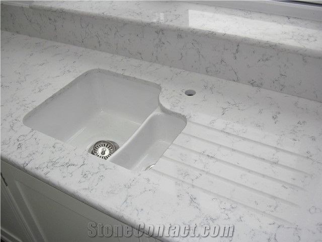 Quartz Stone That Look Like Carrara Marble for Pre-Fabricated Countertop with Single Bowl,Normally Produced Slab Size 118*55 and 126*63,Top Quality and Service,More Durable Than Granite