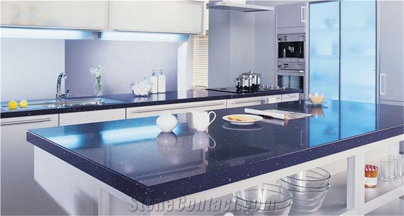 Shining Blue Engineered Quartz Stone for Kitchen and Bathroom Use Directly from China Manufacturer at Cheap Prices Standard Size 3000*1400mm and 3200*1600mm with Thickness 12/15/20/25/30mm