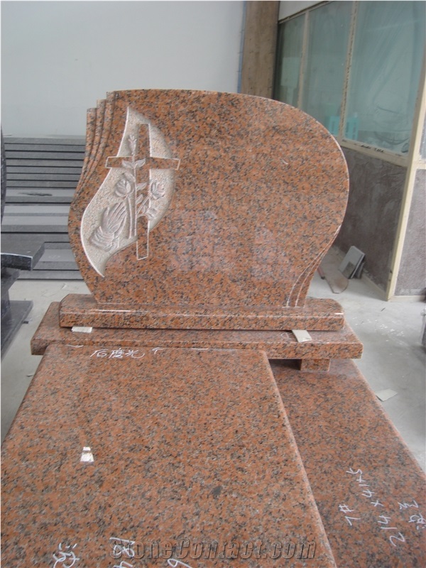 Maple Red Granite Poland Carved Rose Headstone