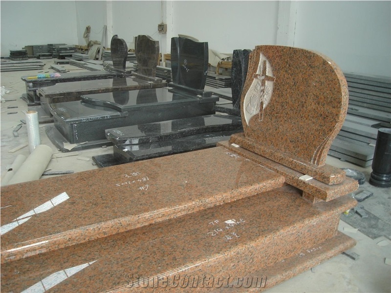 Maple Red Granite Poland Carved Rose Headstone