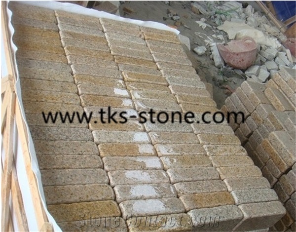 G682 Yellow Rusty Granite Cobble Stone,G682 Sunset Golden Granite Tumbled ,Tumbled Yellow Granite Cube Stone Cobble Stone