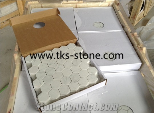 Hexagon Mosaics,White Marble Mosaic,Bianco Carrara White Marble Mosaics