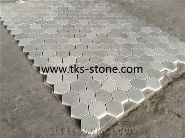 Hexagon Mosaics,White Marble Mosaic,Bianco Carrara White Marble Mosaics