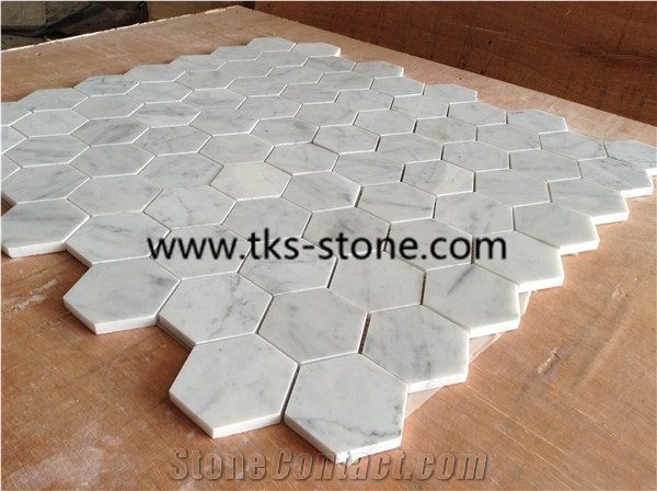 Hexagon Mosaics,White Marble Mosaic,Bianco Carrara White Marble Mosaics