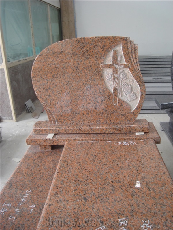 Maple Red Granite Poland Style Cross and Rose Carvings Monuments
