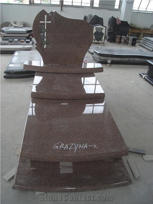 Poland Style Chinese Mahogany Granite Monuments with Cross and Flower Inlay