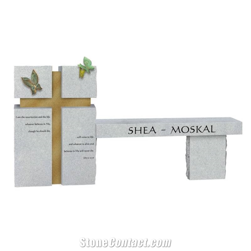 White Granite Monumental Bench with Butterfly Carving