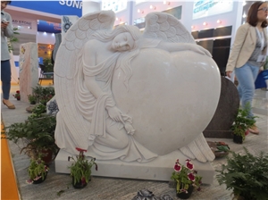 White Marble Angel with Heart Design Headstones