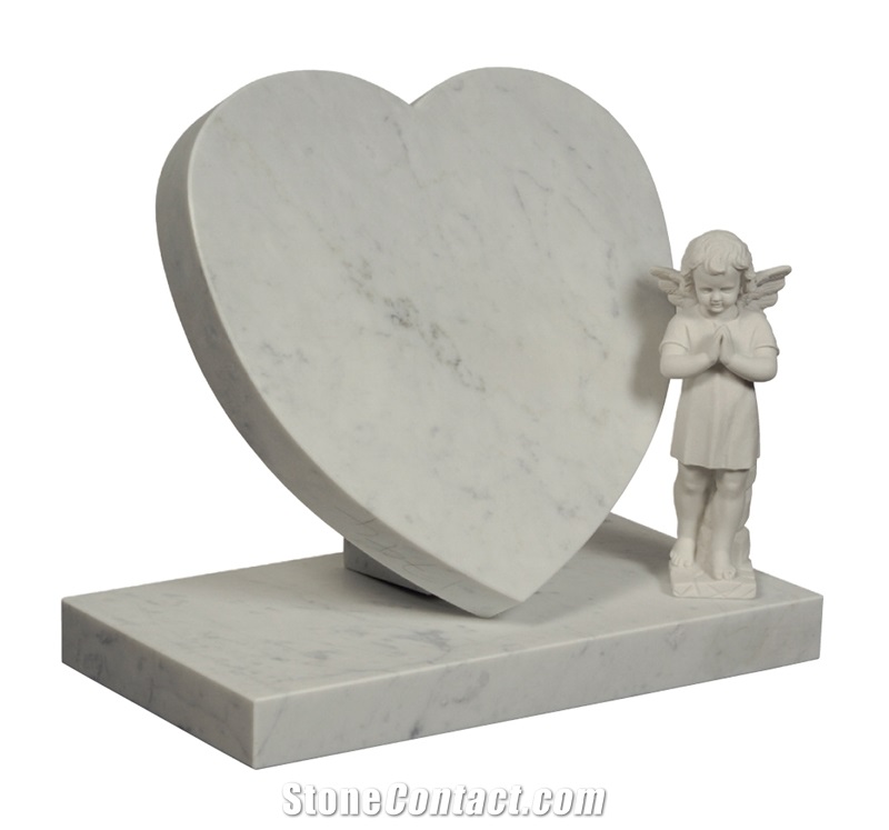 White Marble Heart Design Headstone with Angel Statue