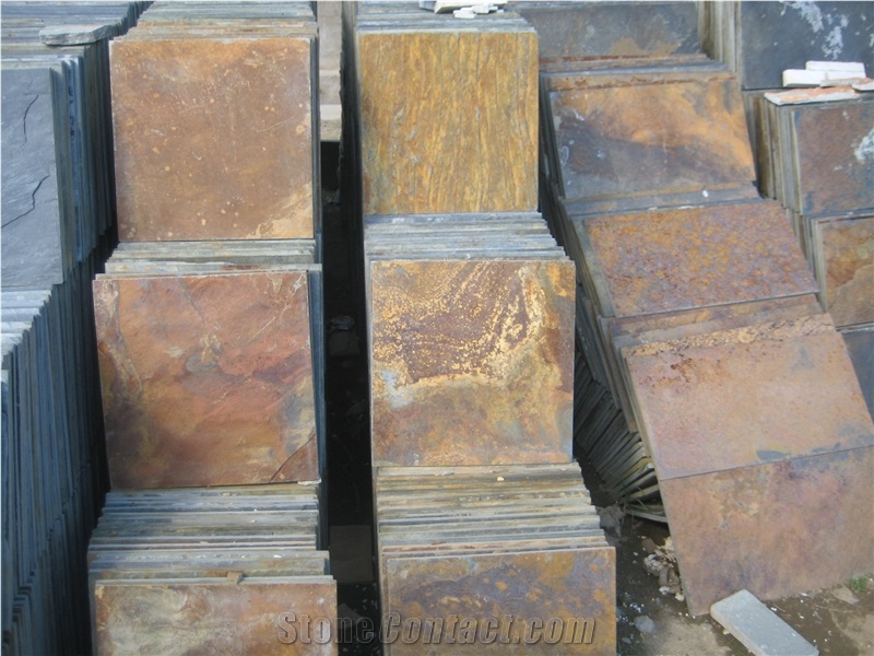 China Yellow Slate Slabs & Tiles,Ledge Stone for Wall Panel Decor,China Rusty Slate Stacked Stone Flooring & Walling Tiles