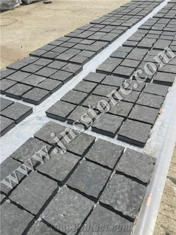 G684 Black Basalt Cobble Stone on Mesh / Black Pearl Paving Stone / Raven Black Cube Stone