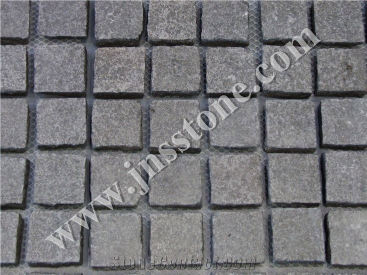 G684 Black Basalt Cobble Stone on Mesh / Black Pearl Paving Stone / Raven Black Cube Stone