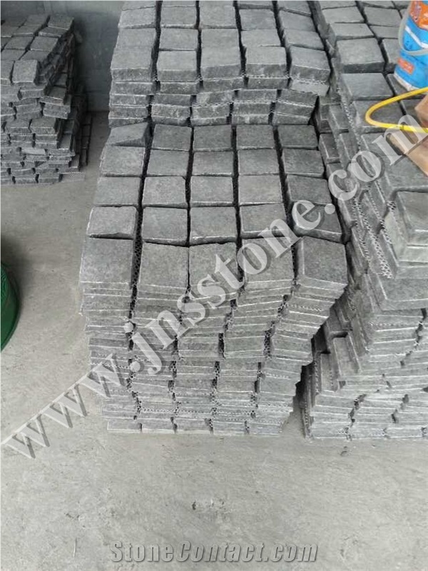 G684 Black Basalt Cobble Stone on Mesh / Black Pearl Paving Stone / Raven Black Cube Stone