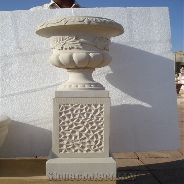 Beige Marble Flower Pots with Beautiful Carving, Cremanata Classico Beige Marble Flower Pots