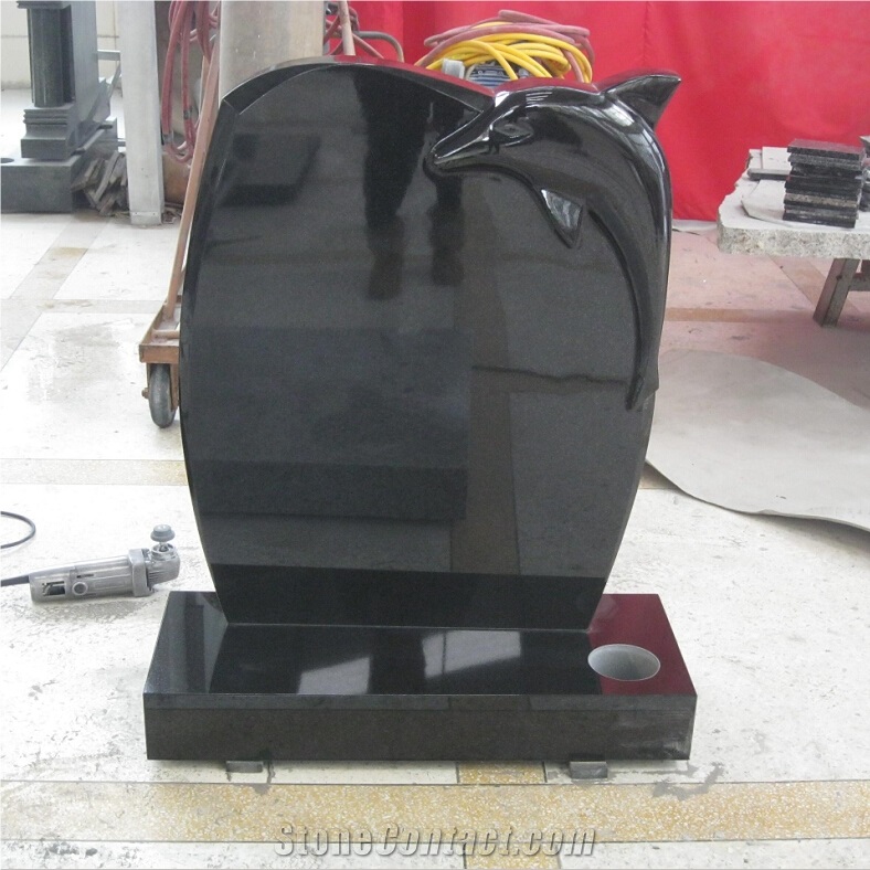 Black Granite Dolphin Design Tombstone