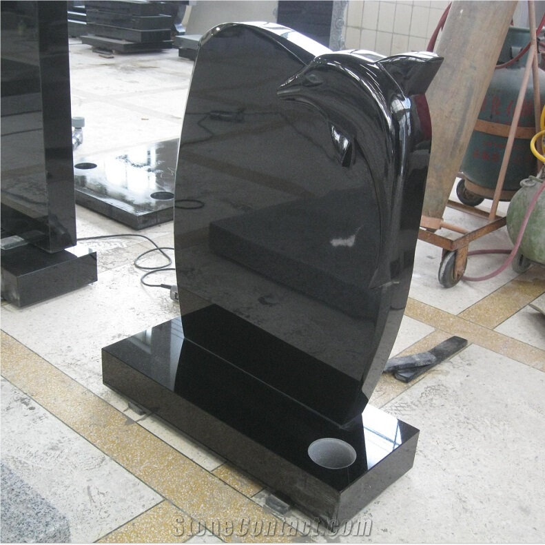 Black Granite Dolphin Design Tombstone
