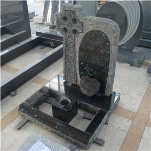 Emerald Pearl Granite Carved Cross Headstone with Kerbset