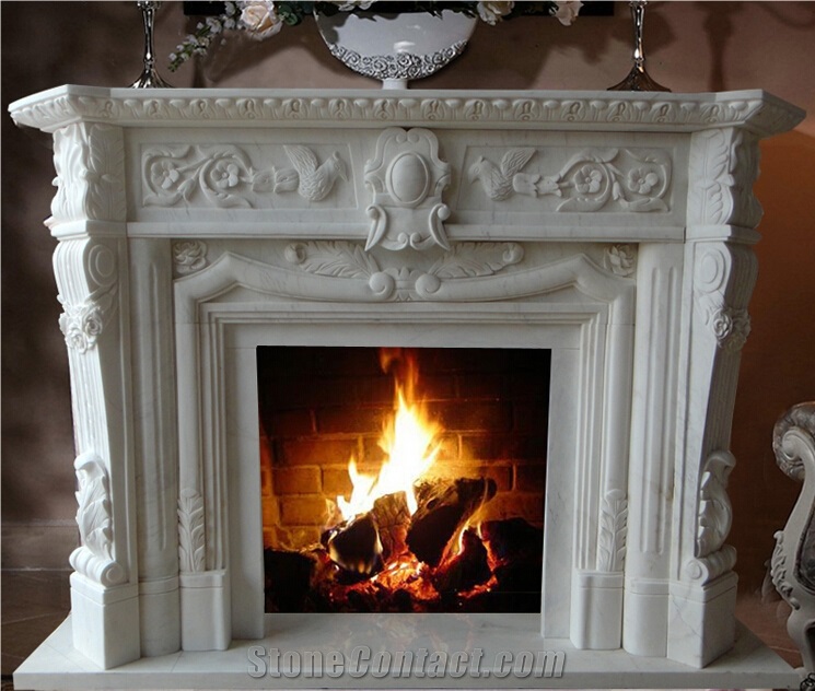 Hand Carved Flower White Marble Fireplace Mantel
