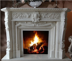Hand Carved Flower White Marble Fireplace Mantel