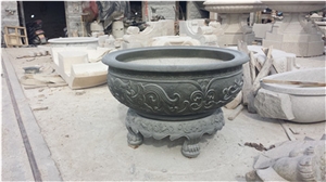 High Quality China Black Granite Planter Pots with Carving for Decoration