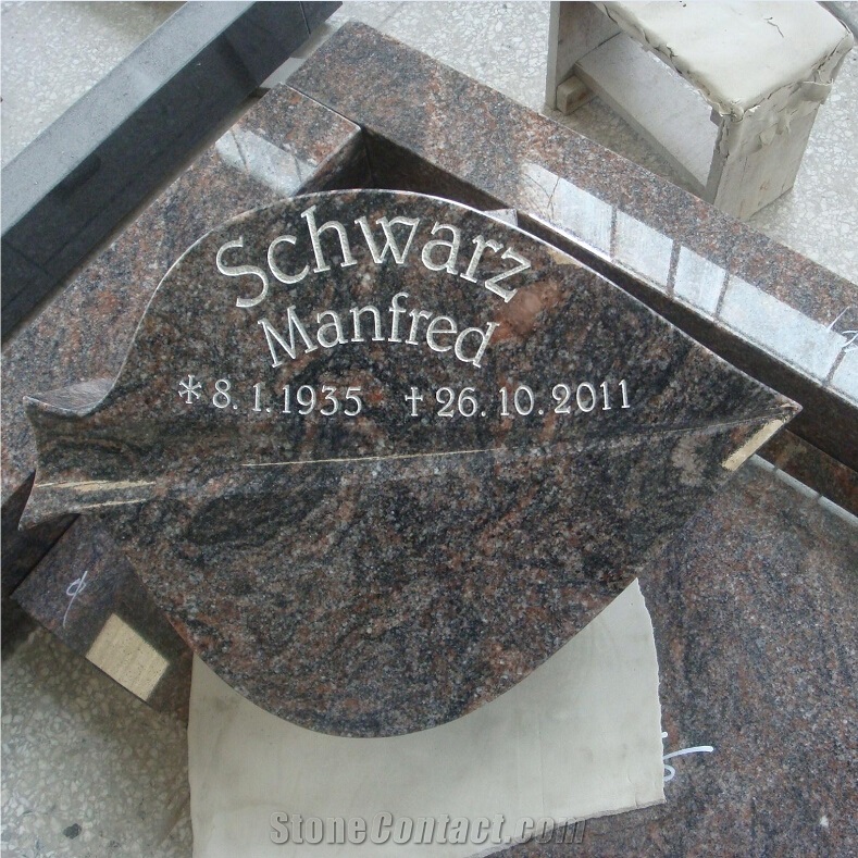 Himalaya Blue Granite Leaf Deasign Headstone with Border