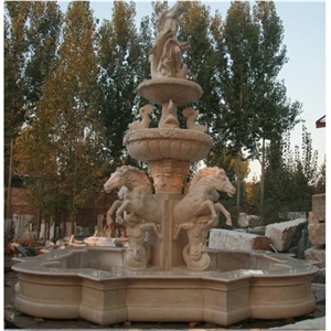 Landscaping Horse Sculpured Water Fountain for Exterior Decoration, Beige Marble Fountain