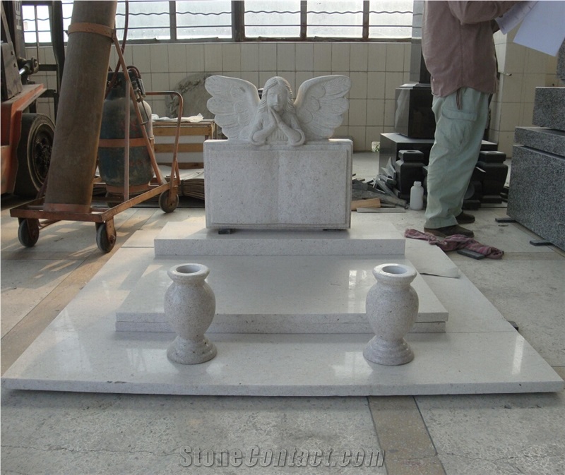 Pearl White Granite Angel with Book Monuments