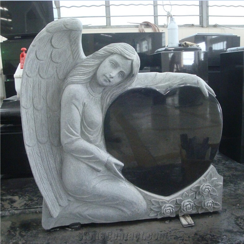 Shanxi Black Granite Monuments Angel Carving with Heart Tombstone