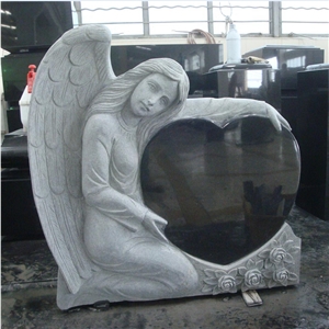 Shanxi Black Granite Monuments Angel Carving with Heart Tombstone