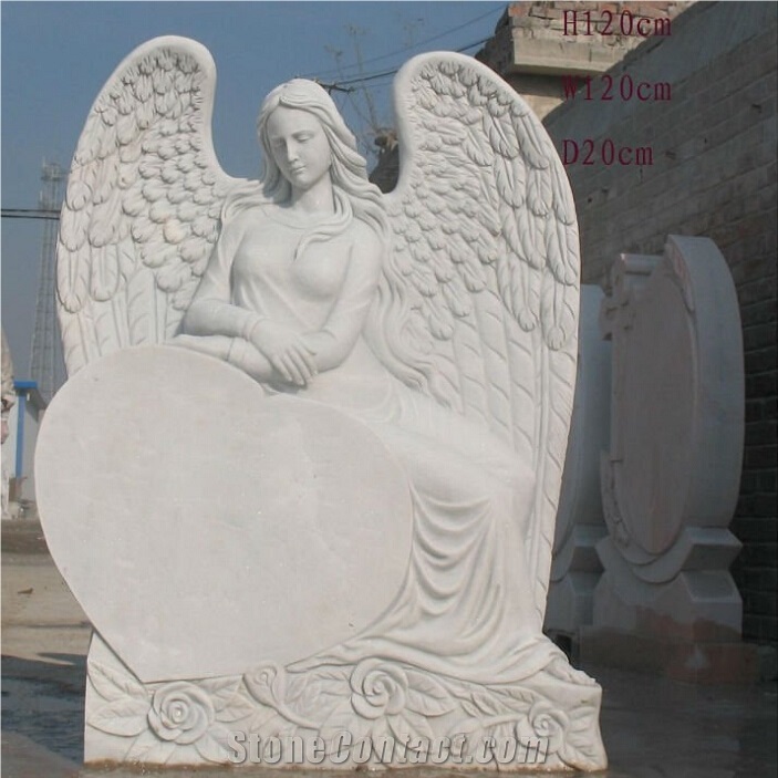 White Marble Stone Angel with Heart Monument Design