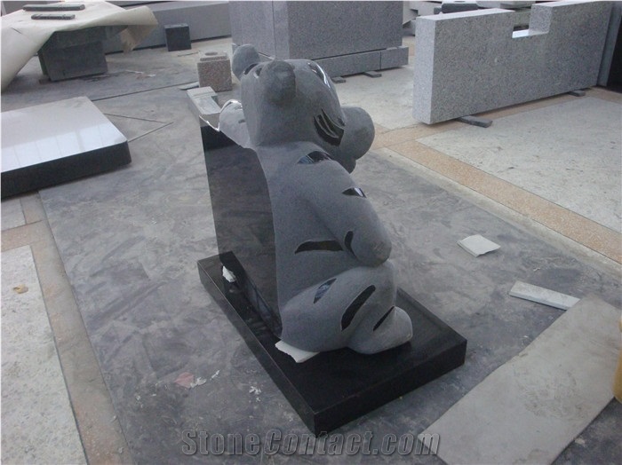 Children Headstone Granite Monument with Bear Statue, Black Granite Monument & Tombstone
