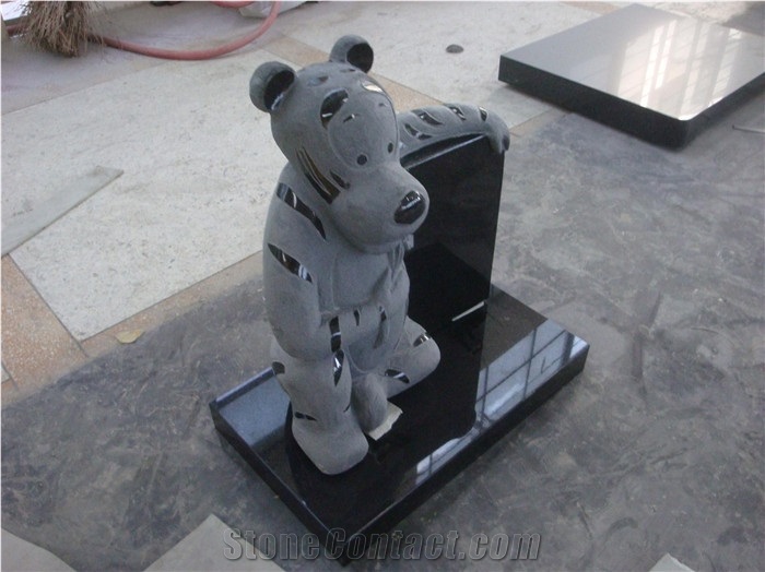 Children Headstone Granite Monument with Bear Statue, Black Granite Monument & Tombstone