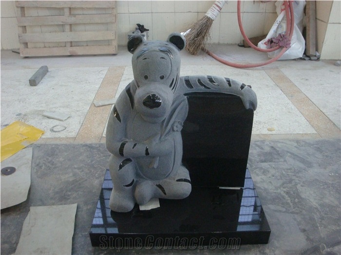 Children Headstone Granite Monument with Bear Statue, Black Granite Monument & Tombstone