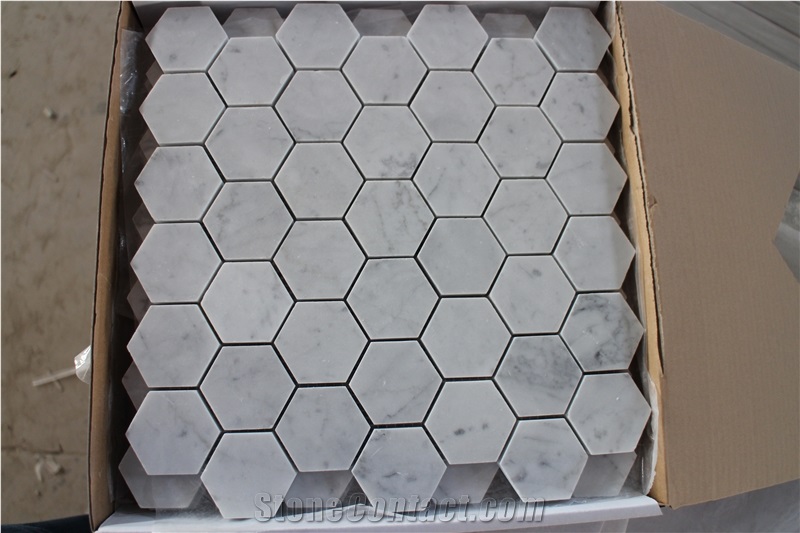 Hexagon Mosaic, Carrara White Hexagon Mosaic,White Marble Mosaic
