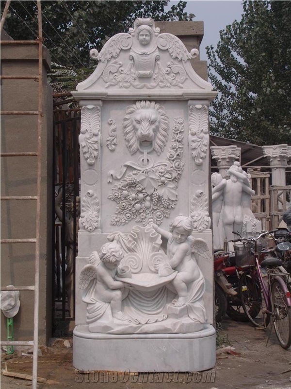 Lion Mounted Fountains,Lion Fountain,Lion Head Fountain,White Marble Water Fountain,Wellest Exterior Water White Marble Fountain,Garden Fountain,Carved Sculpture Fountain