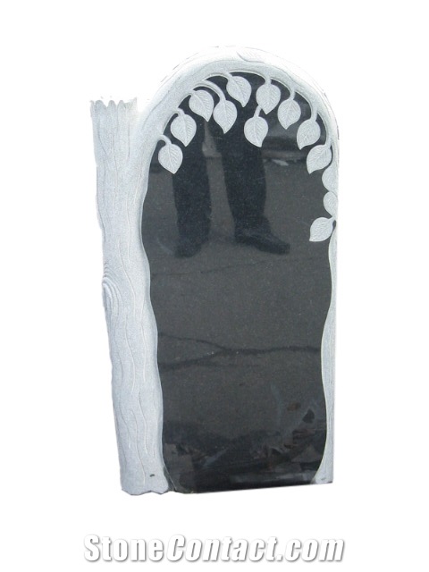 Shanxi Black Granite Monuments Withe Birch Tree Carving, Absolute Black Ruasian Style Engraved Tombstone