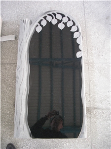 Shanxi Black Granite Monuments Withe Birch Tree Carving, Absolute Black Ruasian Style Engraved Tombstone