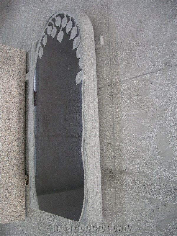 Shanxi Black Granite Monuments Withe Birch Tree Carving, Absolute Black Ruasian Style Engraved Tombstone