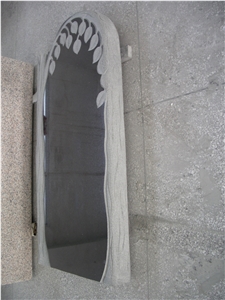 Shanxi Black Granite Monuments Withe Birch Tree Carving, Absolute Black Ruasian Style Engraved Tombstone