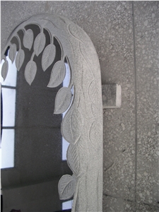 Shanxi Black Granite Monuments Withe Birch Tree Carving, Absolute Black Ruasian Style Engraved Tombstone