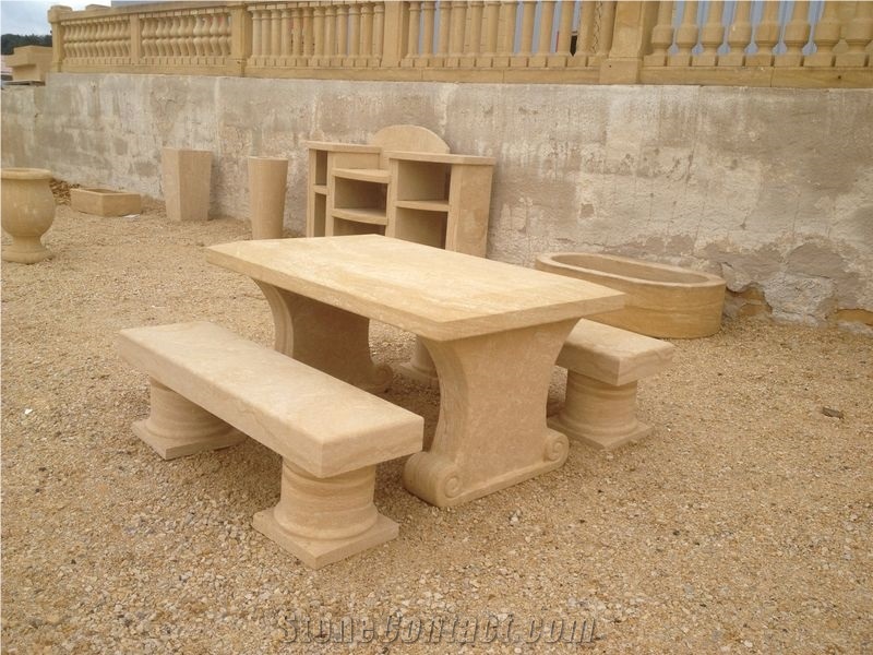 Pierre De Mauzens Benches, Beige Limestone Bench & Table