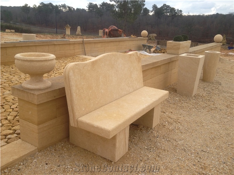 Pierre De Mauzens Benches, Beige Limestone Bench & Table