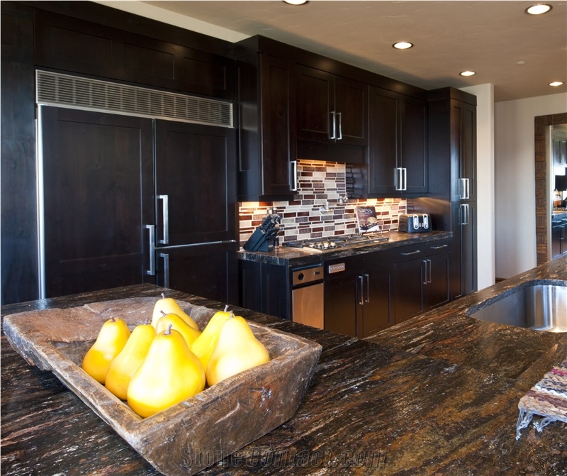 Orion Granite Counters with a Large Format Porcelain Tile Backsplash