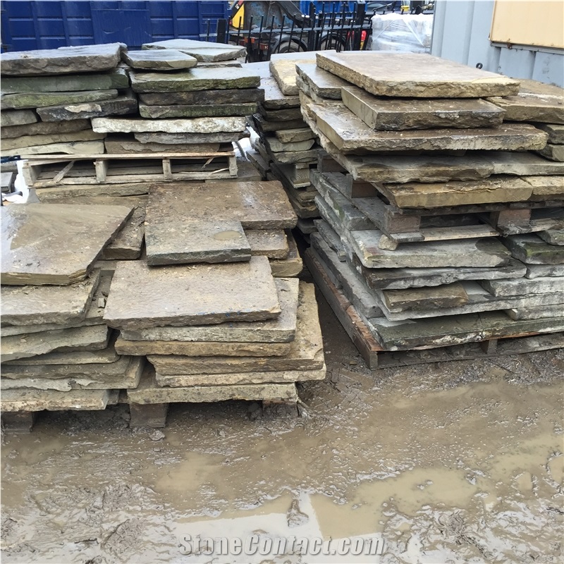 Reclaimed Yorkshire Stone Paving, Random Sizes, Beige Sandstone Cube Stone & Pavers