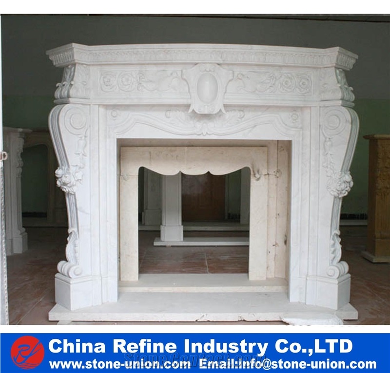 White Marble Carving Sculptured Fireplace Mantel