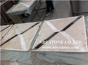 Beige Polished Water-Jet Marble Inlay Floor Pattern, Beige Marble Medallion