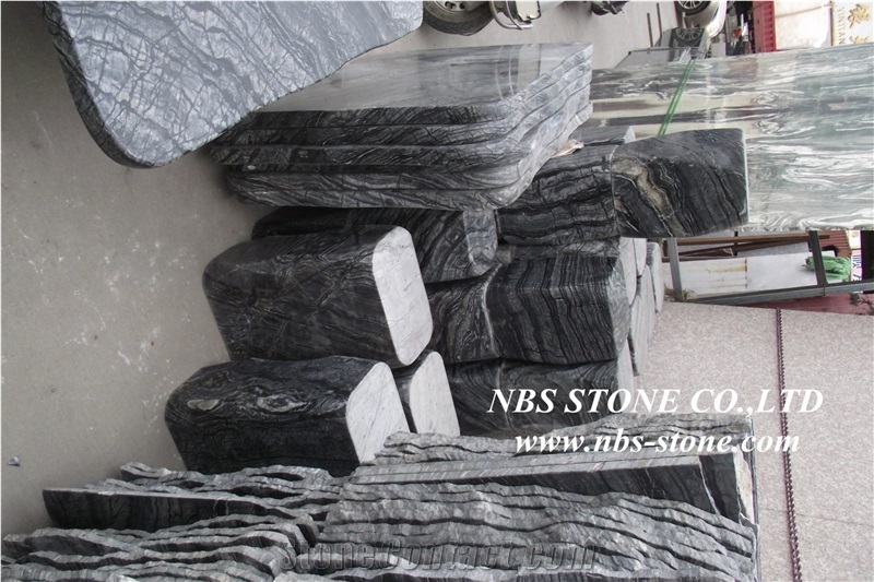 Round Edge Polished Ancient Wood Marble, Kenya Black Marble Table Tops