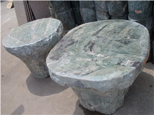 Marble Table Sets,Green Marble Garden Round Table and Stone Bench,Outdoor Stone Benches